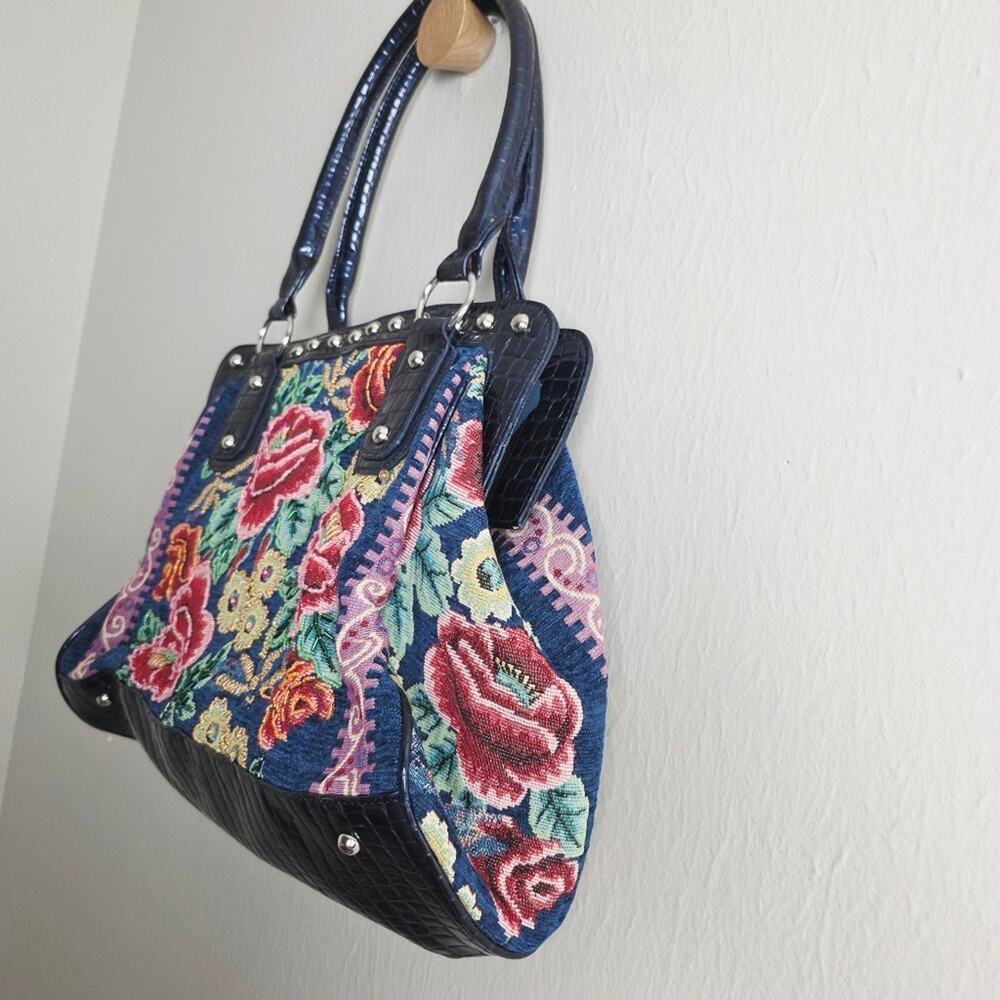 Mod X Navy Blue Floral Tapestry Embroidered Shoulder Bag Tote Silver Studded L - Picture 2 of 12
